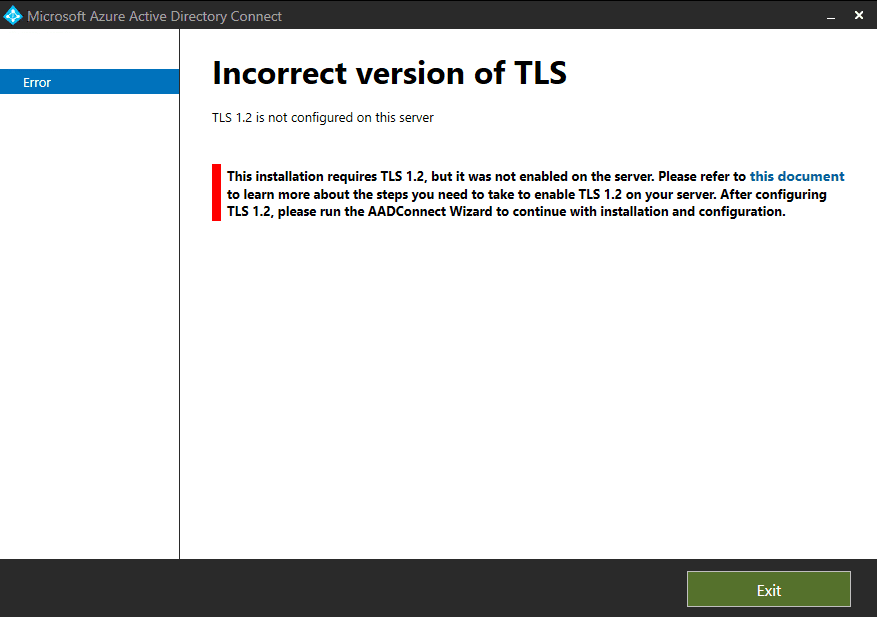 Azure AD Connect Incorrect version TLS