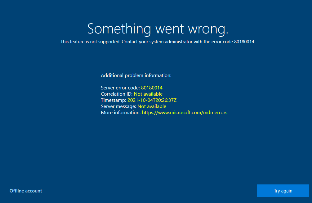 Error 80180014 Azure AD Join Windows 10