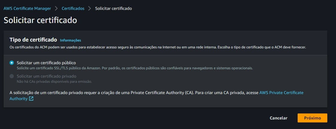 Criando um certificado publico ACM na AWS 2 Criando um certificado publico com o ACM na AWS