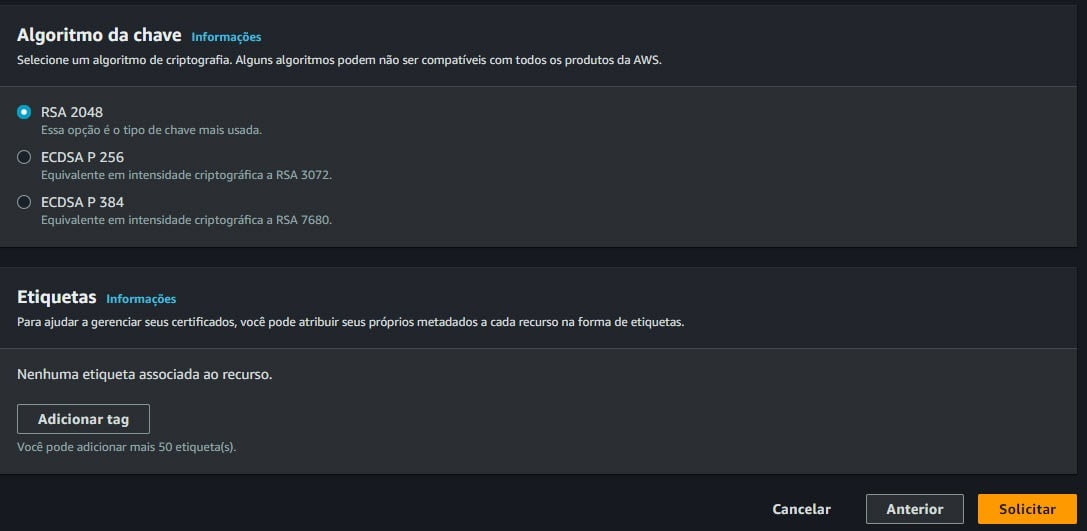 Criando um certificado publico ACM na AWS 4 Criando um certificado publico com o ACM na AWS