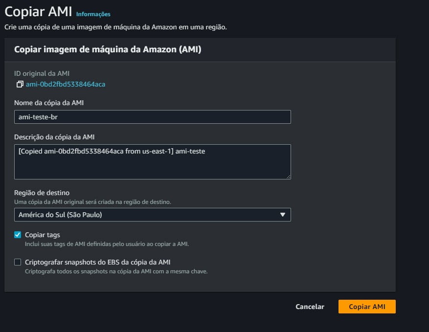 Copiar AMI entre regioes da AWS