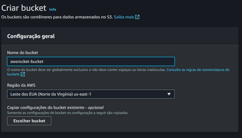 Criando um bucket s3 AWS