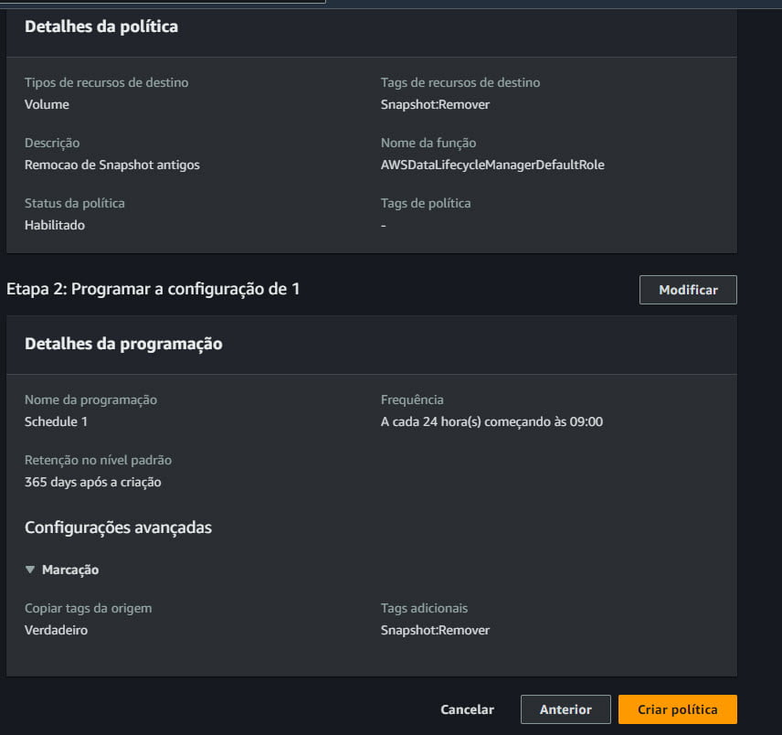 Criando politica de Ciclo de Vida Snapshot
