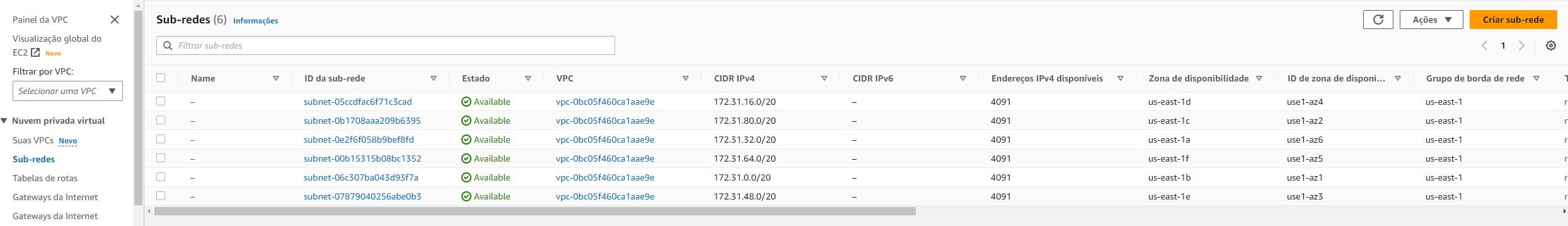 Criando uma subnet na AWS