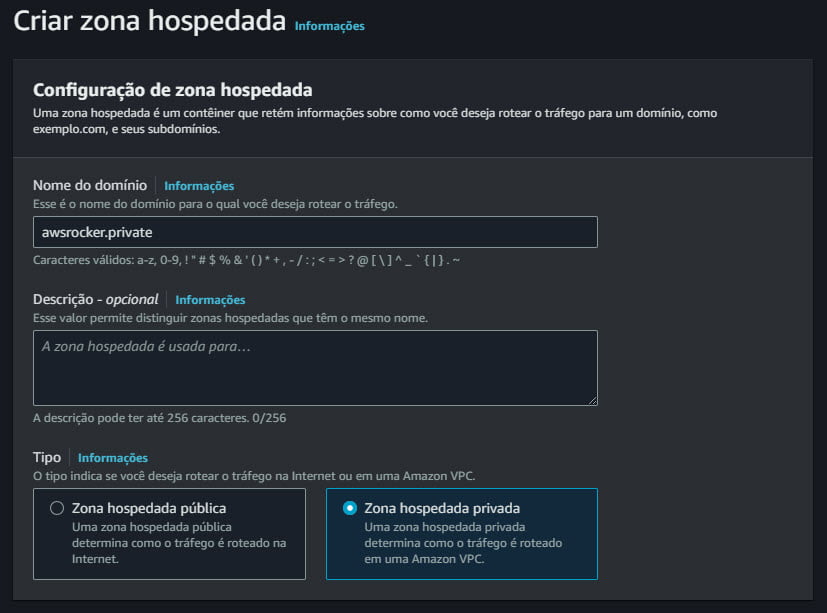 Criando uma zona privada route53 AWS