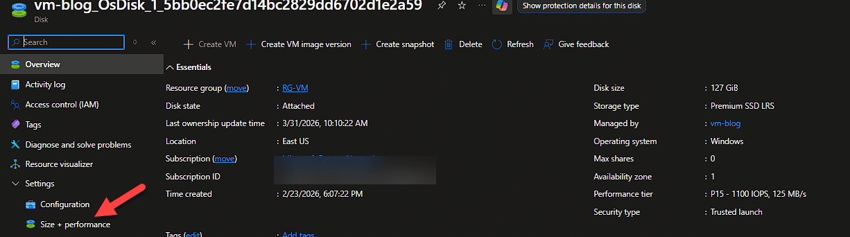 Painel Size e Performance de Managed Disks no Azure
