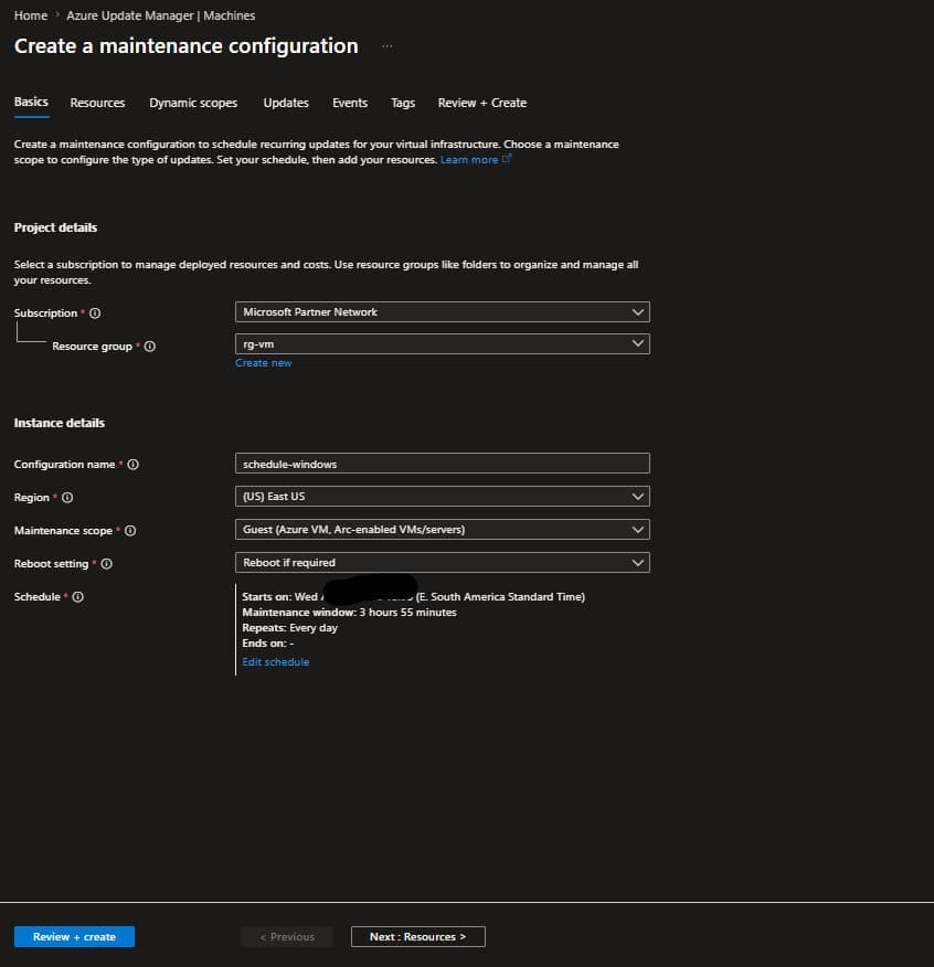 Azure Update Manager configurando agendamento