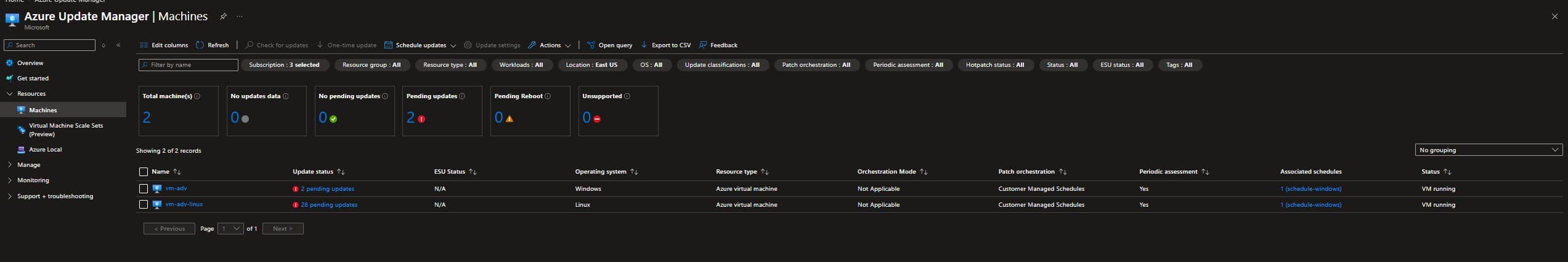 Azure Update Manager configurando agendamento