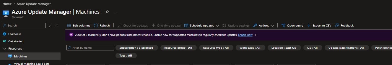 Ativando Azure Update Manager Assessment e Settings