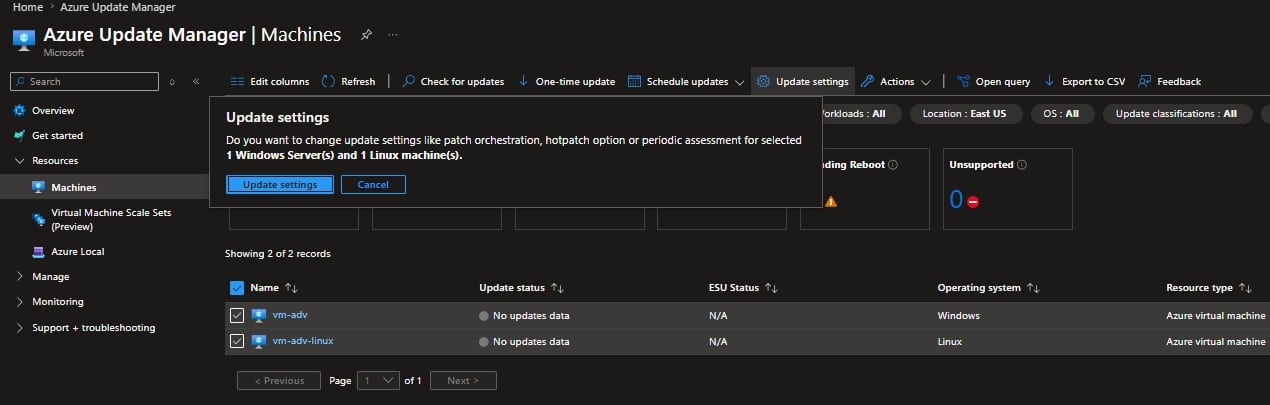 Ativando Azure Update Manager Assessment e Settings