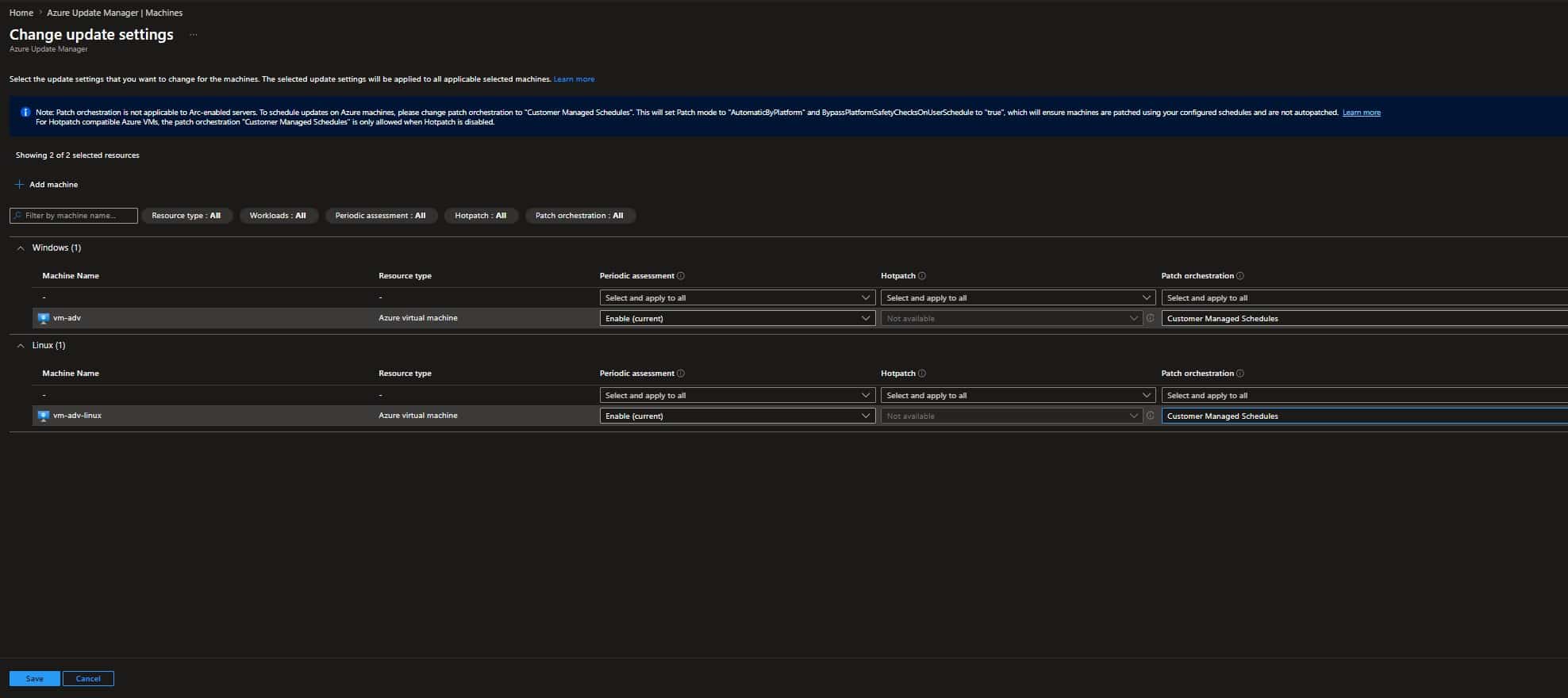 Ativando Azure Update Manager Assessment e Settings