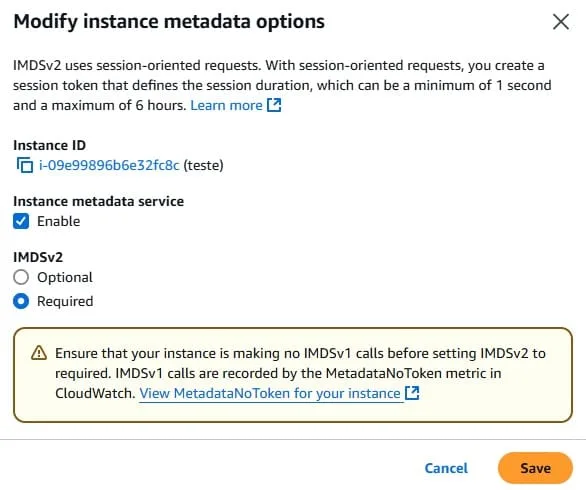 Habilitando o IMDSv2 EC2 AWS