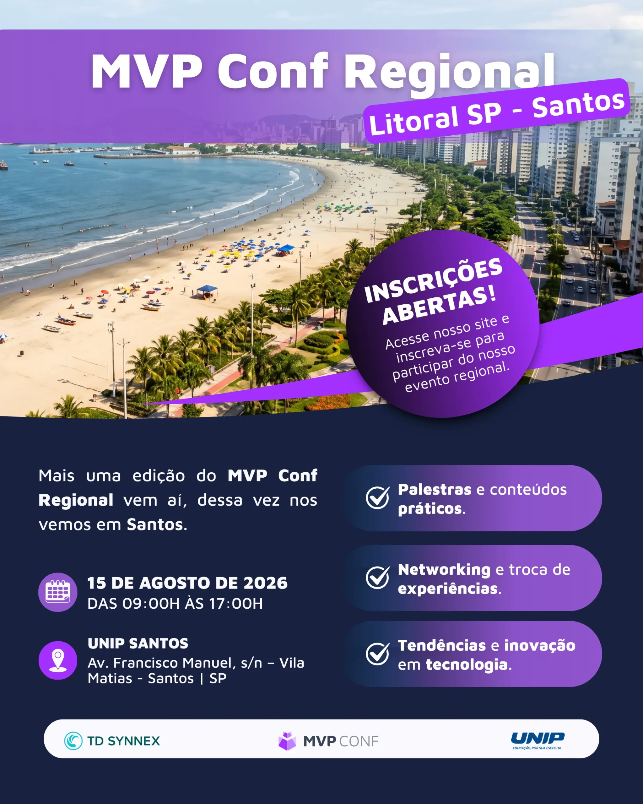 Banner do evento MVP Conf Regional Litoral SP em Santos, 15 de agosto de 2026, UNIP Santos