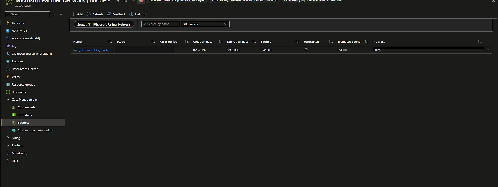 Budget no Azure com Terraform: budget-finops-blog-castilho listado em Cost Management + Billing