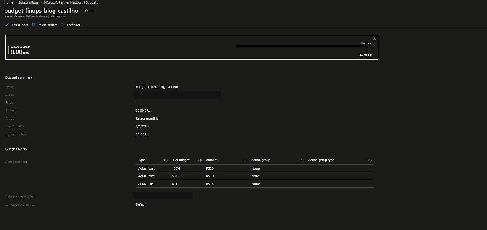 Detalhe do budget no Azure mostrando os três thresholds de alerta em 50%, 80% e 100%