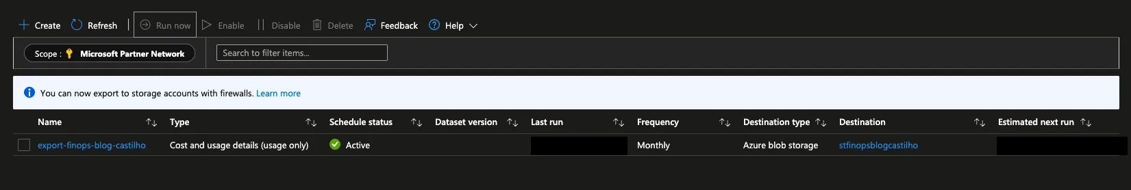 Cost Management Export no Azure com Terraform: export-finops-blog-castilho ativo em Cost Management + Billing