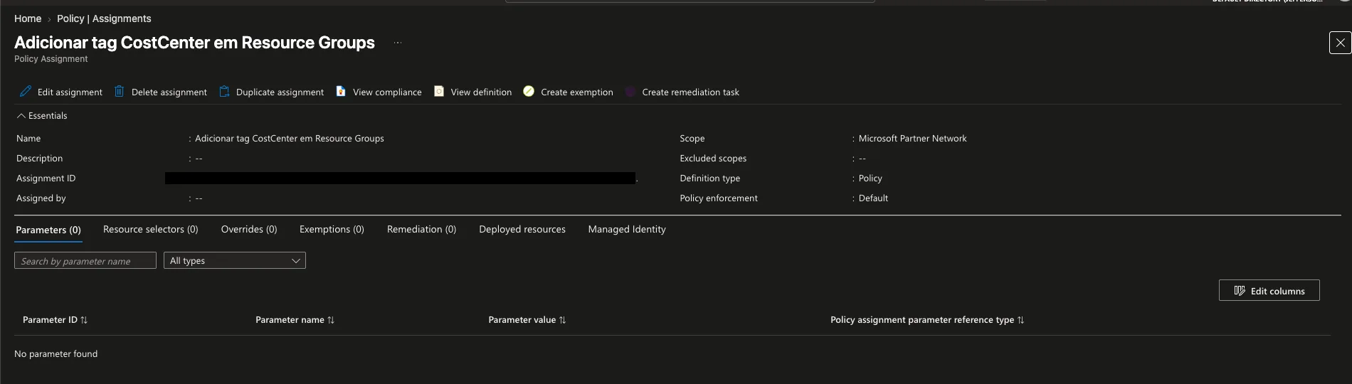 Policy Assignment da Governança de Tags no Azure com Terraform com managed identity system-assigned
