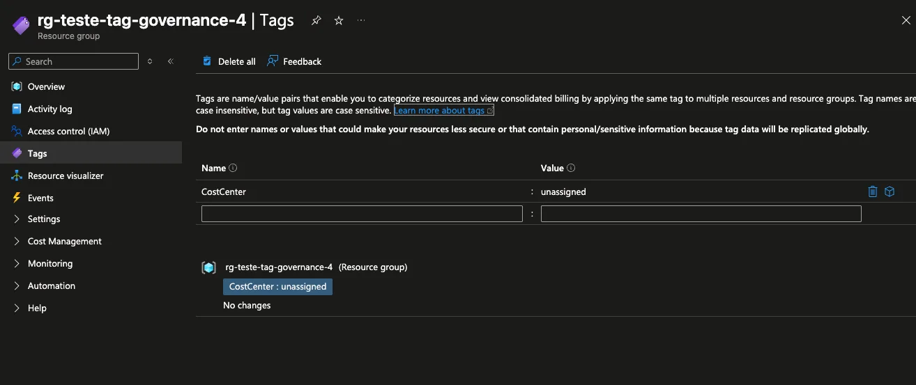 Resource Group com a tag CostCenter aplicada automaticamente pela Governança de Tags no Azure com Terraform