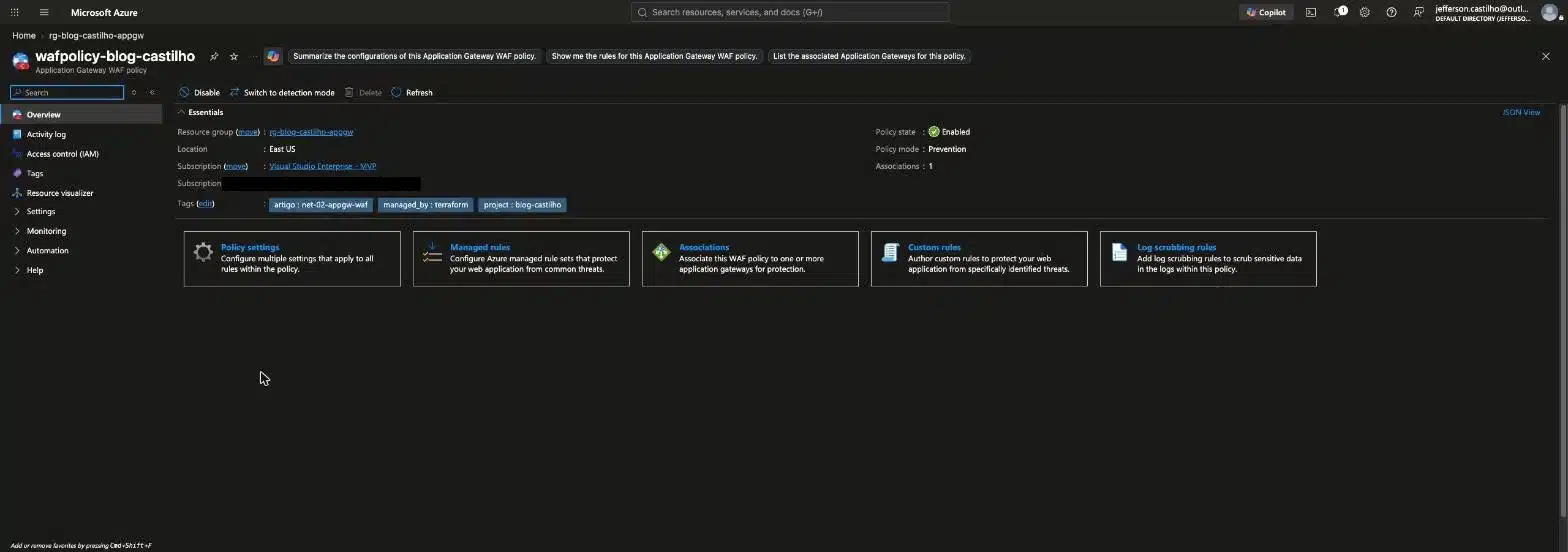 WAF Policy do Application Gateway com WAF v2 mostrando Policy state Enabled e Policy mode Prevention
