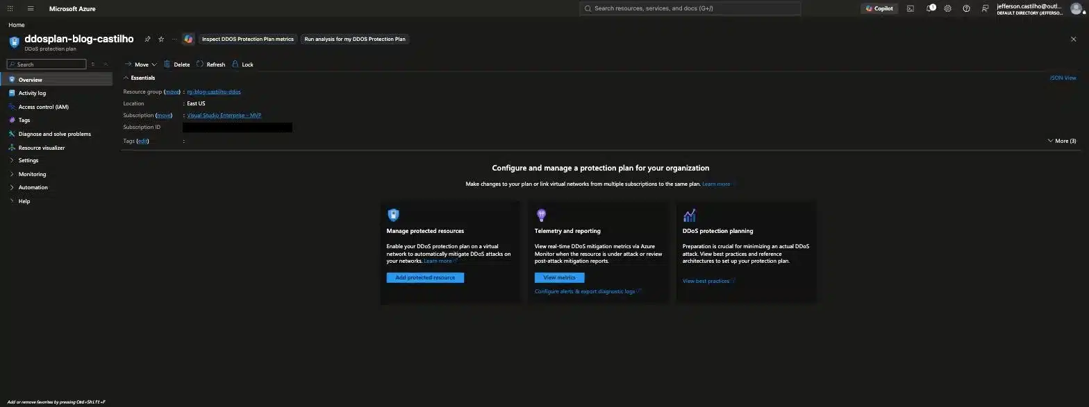 Azure DDoS Protection Standard no portal com o plano vinculado à VNet