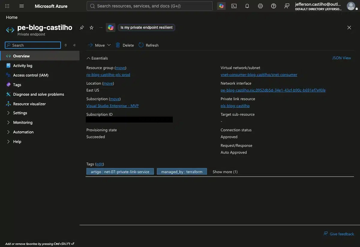 Private Endpoint conectado ao Private Link Service no portal Azure, status Approved