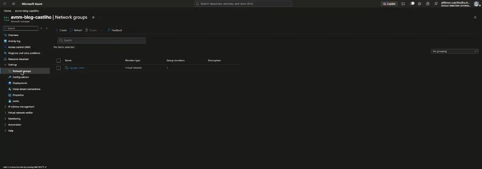Network group ng-app-vnets com 3 VNets como membros no Azure Virtual Network Manager