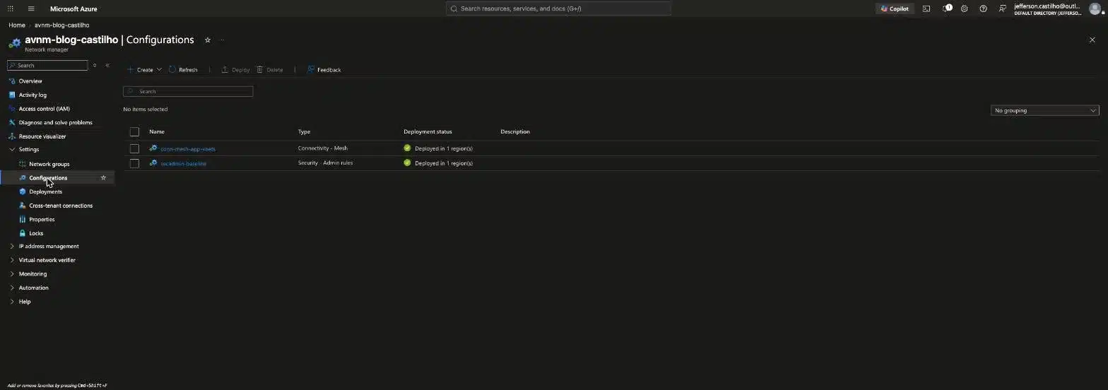 Lista de Configurations no Azure Virtual Network Manager mostrando Mesh e Security Admin implantadas