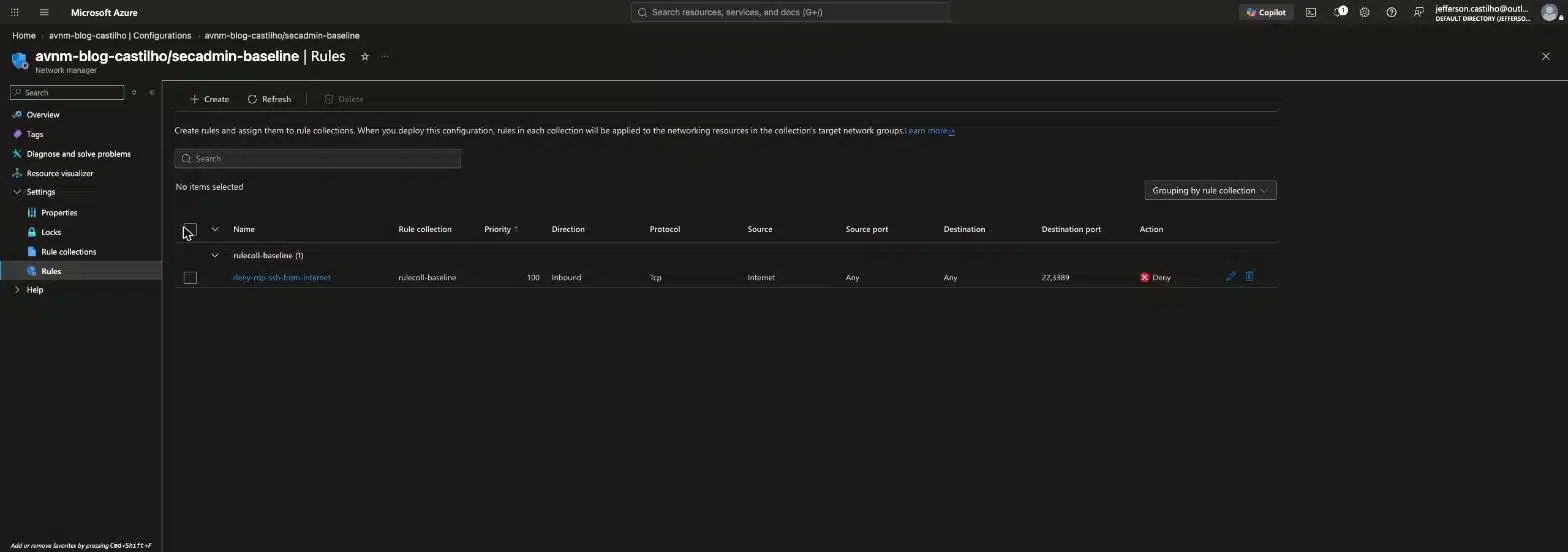Regra deny-rdp-ssh-from-internet detalhada no Azure Virtual Network Manager