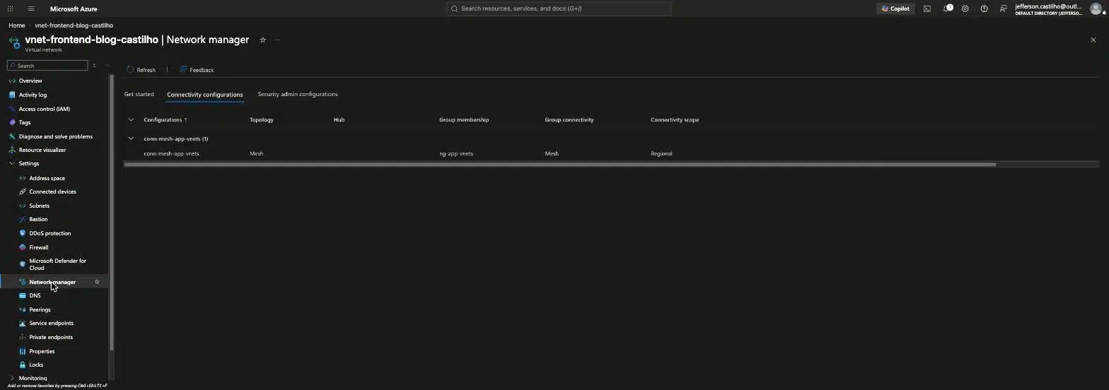 Aba Network manager da VNet frontend mostrando a Connectivity Configuration mesh aplicada automaticamente