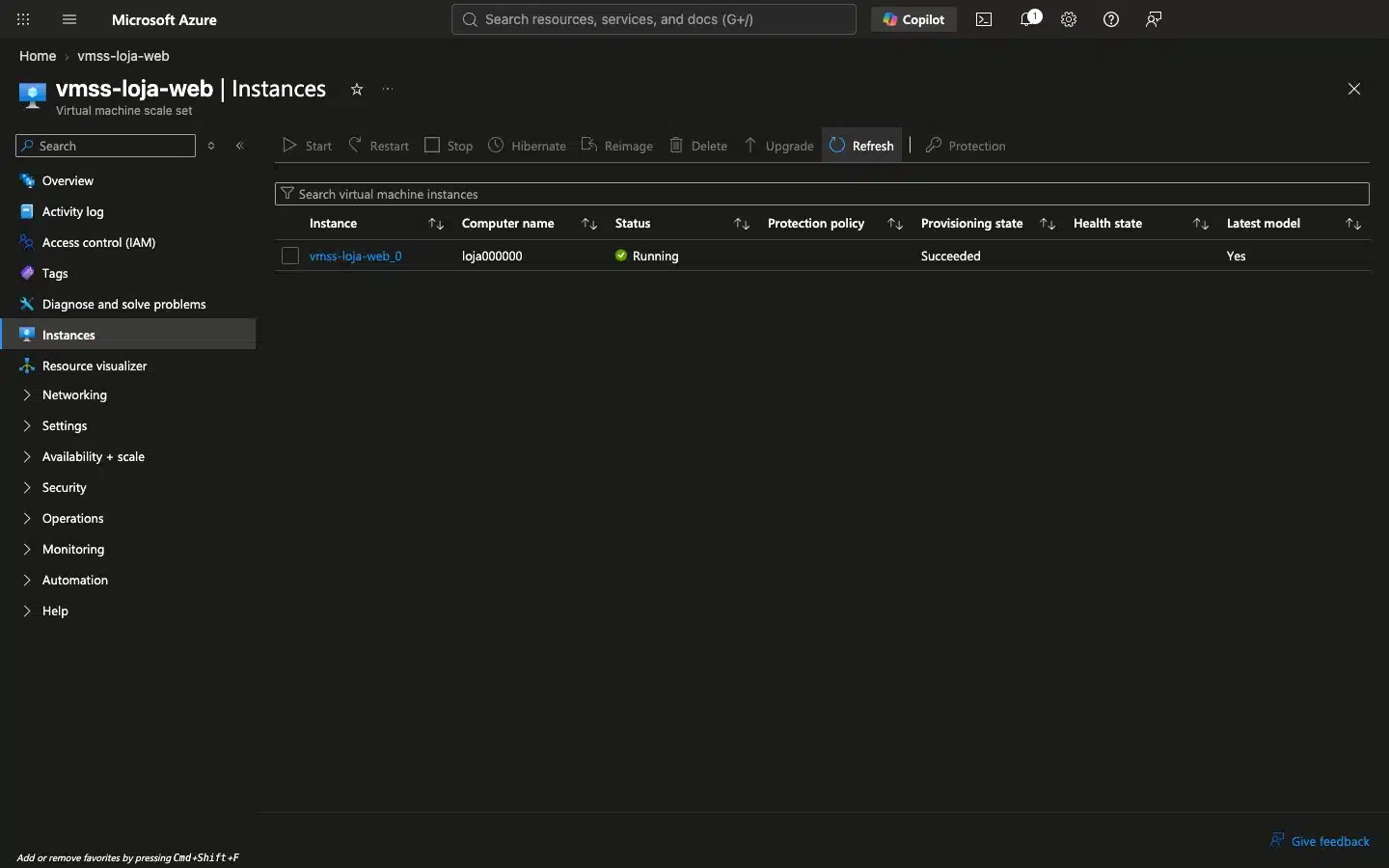 Instância de VMSS mostrando Latest model Yes depois do update-instances para a oferta windowsserver2022