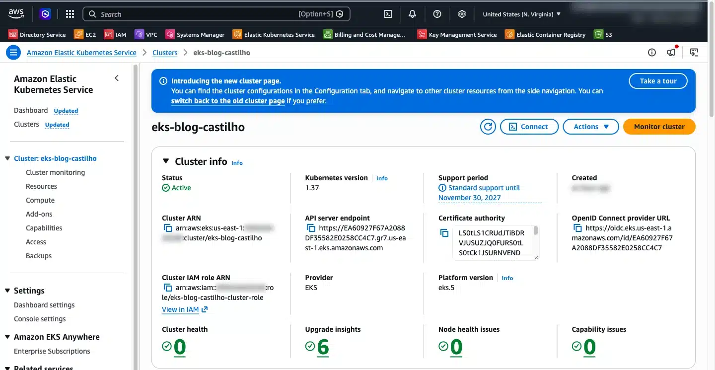 Gateway API no EKS: cluster eks-blog-castilho ativo na versão 1.37