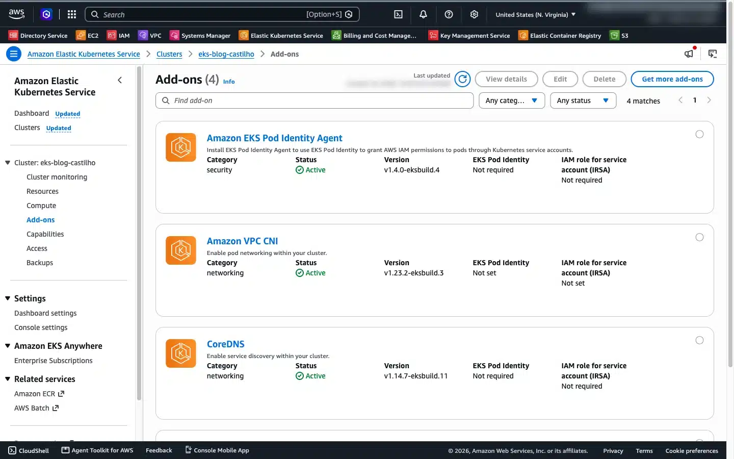 Add-ons do EKS ativos: Pod Identity Agent, VPC CNI e CoreDNS