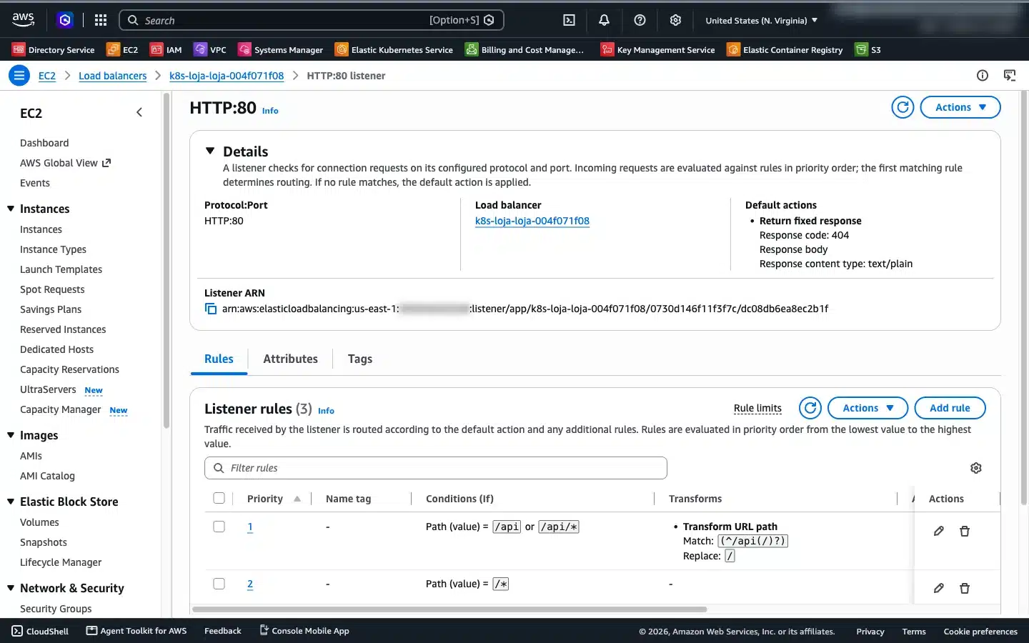 Regras do listener do ALB geradas pelo HTTPRoute com transformação de URL
